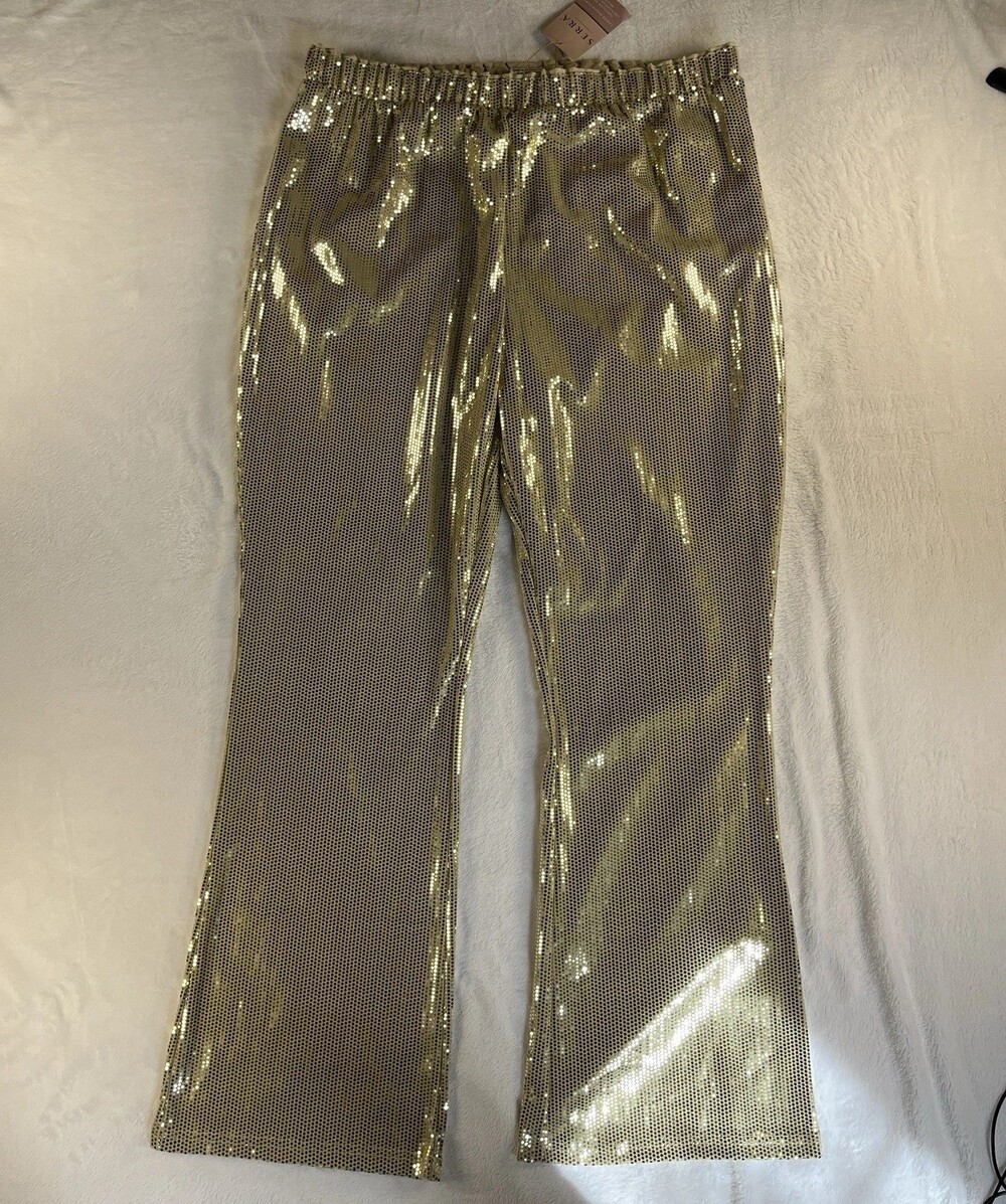 NWT Serra Gold Sequin Pants Size L ALDI Find Holiday 70s Disco Party Flare Shiny
